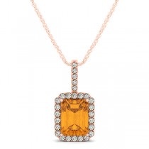 Diamond & Emerald Cut Citrine Halo Pendant Necklace 14k Rose Gold (1.19ct)