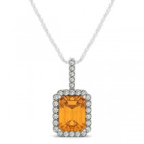 Diamond & Emerald Cut Citrine Halo Pendant Necklace 14k White Gold (1.19ct)