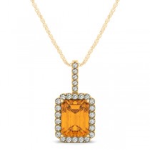 Diamond & Emerald Cut Citrine Halo Pendant Necklace 14k Yellow Gold (1.19ct)