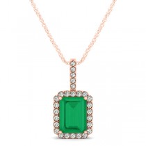 Diamond & Emerald-Cut Emerald Halo Pendant Necklace 14k Rose Gold (1.09ct)