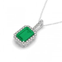 Diamond & Emerald-Cut Emerald Halo Pendant Necklace 14k White Gold (1.09ct)