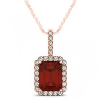 Diamond & Emerald Cut Garnet Halo Pendant Necklace 14k Rose Gold (4.25ct)