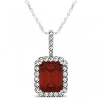 Diamond & Emerald Cut Garnet Halo Pendant Necklace 14k White Gold (4.25ct)