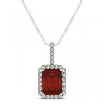 Diamond & Emerald Cut Garnet Halo Pendant Necklace 14k White Gold (1.39ct)