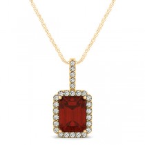 Diamond & Emerald Cut Garnet Halo Pendant Necklace 14k Yellow Gold (1.39ct)