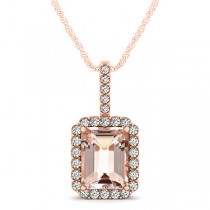 Diamond & Emerald Cut Morganite Halo Pendant Necklace 14k Rose Gold (4.25ct)