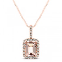 Diamond & Emerald Cut Morganite Halo Pendant Necklace 14k Rose Gold (1.09ct)