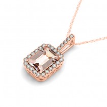 Diamond & Emerald Cut Morganite Halo Pendant Necklace 14k Rose Gold (1.09ct)