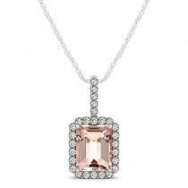 Diamond & Emerald Cut Morganite Halo Pendant Necklace 14k White Gold (1.09ct)