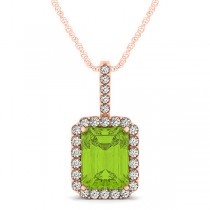 Diamond & Emerald Cut Peridot Halo Pendant Necklace 14k Rose Gold (4.25ct)