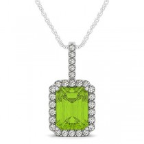 Diamond & Emerald Cut Peridot Halo Pendant Necklace 14k White Gold (4.25ct)
