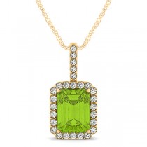 Diamond & Emerald Cut Peridot Halo Pendant Necklace 14k Yellow Gold (4.25ct)