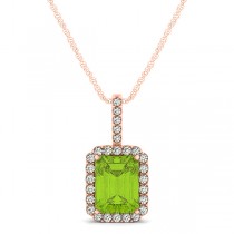 Diamond & Emerald Cut Peridot Halo Pendant Necklace 14k Rose Gold (1.19ct)