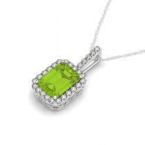 Diamond & Emerald Cut Peridot Halo Pendant Necklace 14k White Gold (1.19ct)