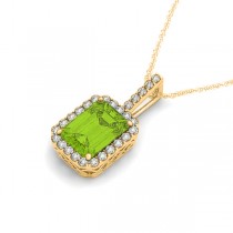 Diamond & Emerald Cut Peridot Halo Pendant Necklace 14k Yellow Gold (1.19ct)