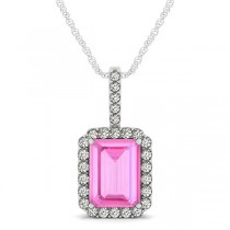 Diamond & Emerald Cut Pink Sapphire Halo Pendant Necklace 14k White Gold (4.25ct)
