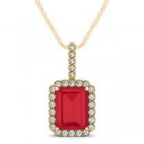 Diamond & Emerald Cut Ruby Halo Pendant Necklace 14k Yellow Gold (4.25ct)
