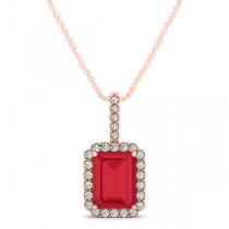 Diamond & Emerald Cut Ruby Halo Pendant Necklace 14k Rose Gold (1.34ct)