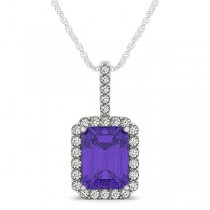 Diamond & Emerald Cut Tanzanite Halo Pendant Necklace 14k White Gold (4.25ct)