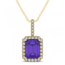 Diamond & Emerald Cut Tanzanite Halo Pendant Necklace 14k Yellow Gold (4.25ct)