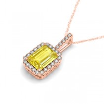 Diamond & Emerald Cut Yellow Sapphire Halo Pendant Necklace 14k Rose Gold (4.25ct)