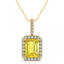 Diamond & Emerald Cut Yellow Sapphire Halo Pendant Necklace 14k Yellow Gold (4.25ct)