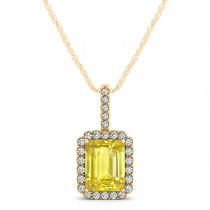 Diamond & Emerald Cut Yellow Sapphire Halo Pendant Necklace 14k Yellow Gold (1.34ct)