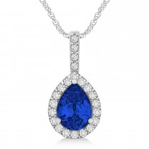 Pear Shape Diamond & Blue Sapphire Halo Pendant 14k White Gold 2.20ct