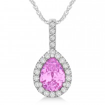 Pear Shape Diamond & Pink Sapphire Halo Pendant 14k White Gold 2.20ct