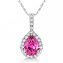 Pear Shape Diamond & Pink Tourmaline Halo Pendant 14k White Gold 2.20ct