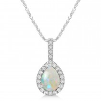Pear Shape Diamond & Opal Halo Pendant 14k White Gold 1.25ct