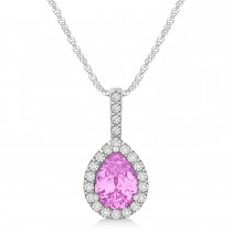 Pear Shape Diamond & Pink Sapphire Halo Pendant 14k White Gold 1.25ct