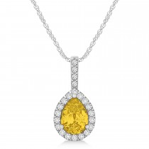 Pear Shape Diamond & Yellow Sapphire Halo Pendant 14k White Gold 1.25ct