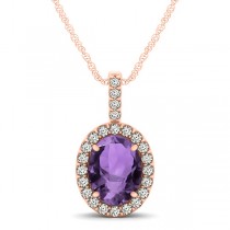 Amethyst & Diamond Halo Oval Pendant Necklace 14k Rose Gold (1.02ct)