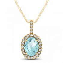 Aquamarine & Diamond Halo Oval Pendant Necklace 14k Yellow Gold (0.92ct)