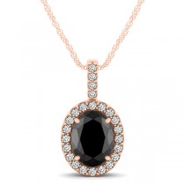 Black Diamond & Diamond Halo Oval Pendant Necklace 14k Rose Gold (0.93ct)