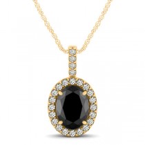 Black Diamond & Diamond Halo Oval Pendant Necklace 14k Yellow Gold (0.93ct)