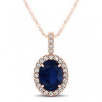 Blue Sapphire & Diamond Halo Oval Pendant Necklace 14k Rose Gold (1.17ct)