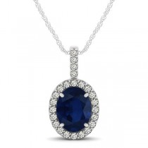 Blue Sapphire & Diamond Halo Oval Pendant Necklace 14k White Gold (1.17ct)