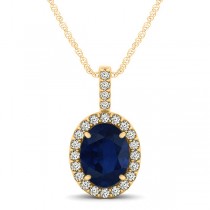 Blue Sapphire & Diamond Halo Oval Pendant Necklace 14k Yellow Gold (1.17ct)
