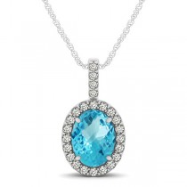 Blue Topaz & Diamond Halo Oval Pendant Necklace 14k White Gold (1.27ct)