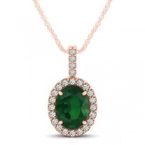 Emerald & Diamond Halo Oval Pendant Necklace 14k Rose Gold (1.02ct)