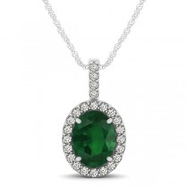 Emerald & Diamond Halo Oval Pendant Necklace 14k White Gold (1.02ct)