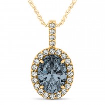 Gray Spinel & Diamond Halo Oval Pendant Necklace 14k Yellow Gold (1.02ct)