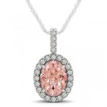 Pink Morganite & Diamond Halo Oval Pendant Necklace 14k White Gold (2.82ct)