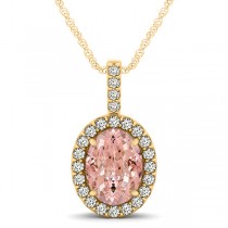 Pink Morganite & Diamond Halo Oval Pendant Necklace 14k Yellow Gold (2.82ct)