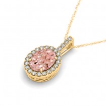 Pink Morganite & Diamond Halo Oval Pendant Necklace 14k Yellow Gold (1.27ct)