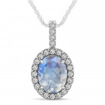 Moonstone & Diamond Halo Oval Pendant Necklace 14k White Gold (1.22ct)