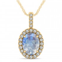 Moonstone & Diamond Halo Oval Pendant Necklace 14k Yellow Gold (1.22ct)