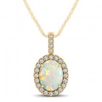 Opal & Diamond Halo Oval Pendant Necklace 14k Yellow Gold (0.64ct)